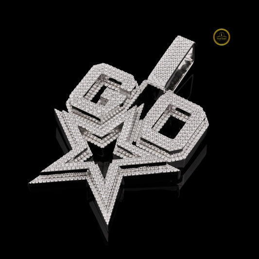 Custom Iced-Out White Gold Finish "GO" Star Pendant Featuring Shimmering Round Cut Lab Diamonds By Ivevar