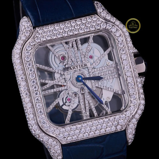 A Brilliant Diamond-Set Skeleton Watch Paired with a Navy Blue Leather Strap.