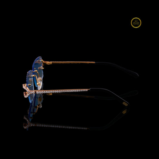 Iced Out Custom Diamond Sunglasses with Blue Rimless Lenses