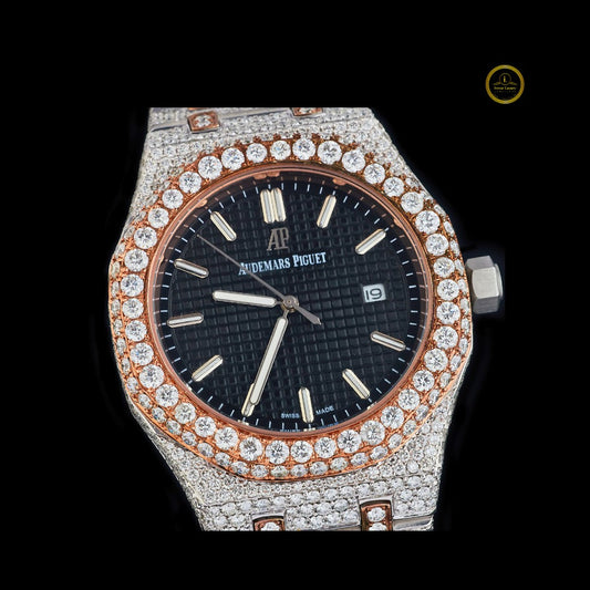 Exquisite Two-Tone Diamond-Encrusted Timepiece with Full Pavé Detailing and Elegant Black Dial