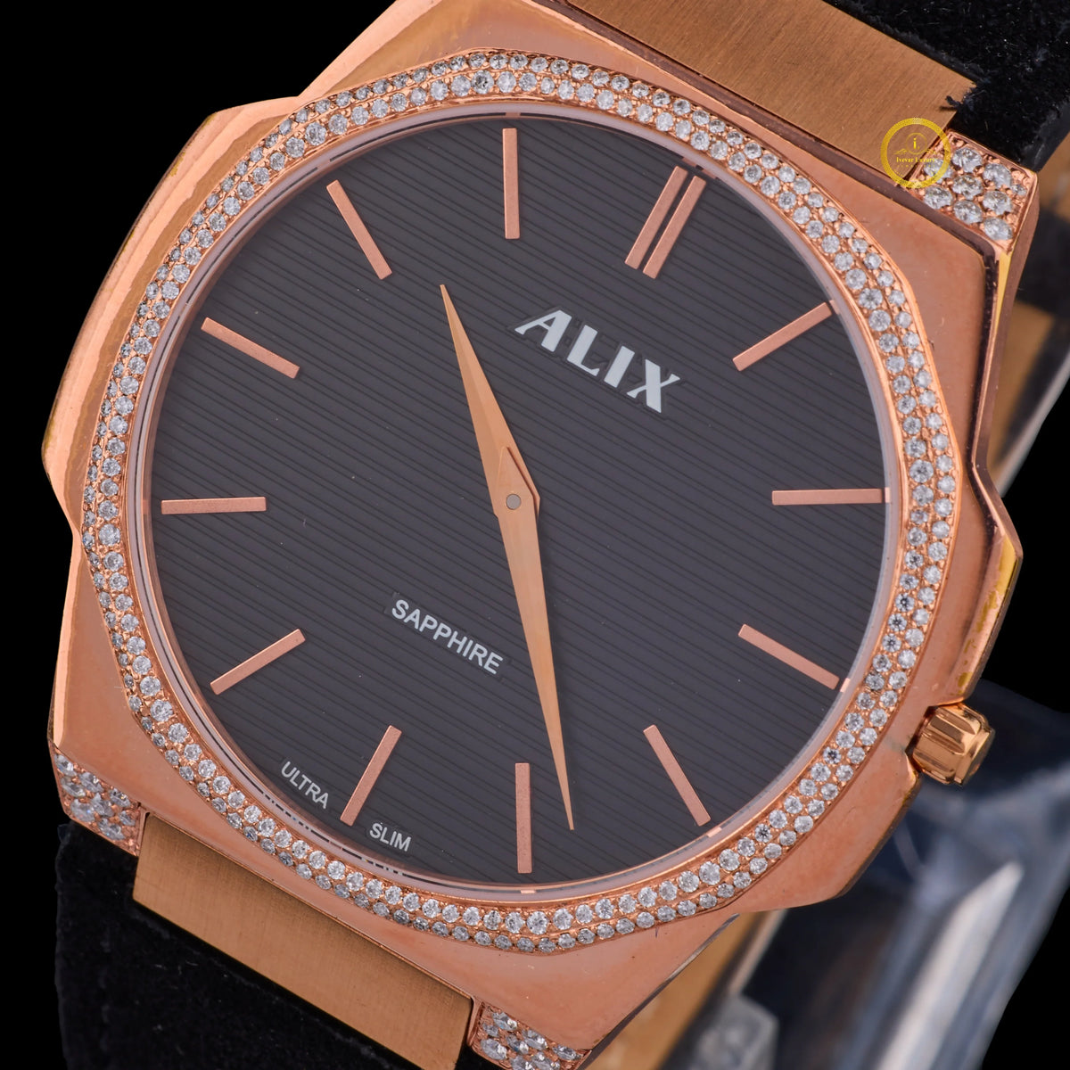 Rose Gold Crystal Bezel Diamond Black Dial Watch - View 2