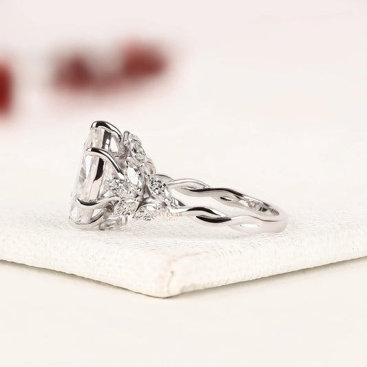 Marquise Cut Lab Diamond Leaf Cluster Engagement Ring - View 2