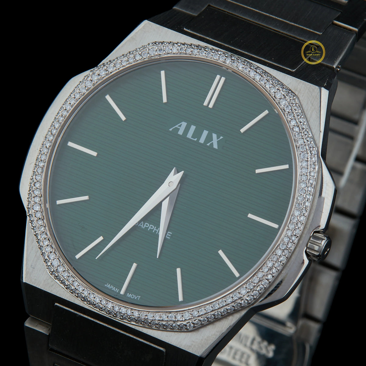 Men's Silver Stainless Steel Watch with Green Dial and Diamond Bezel - View 2