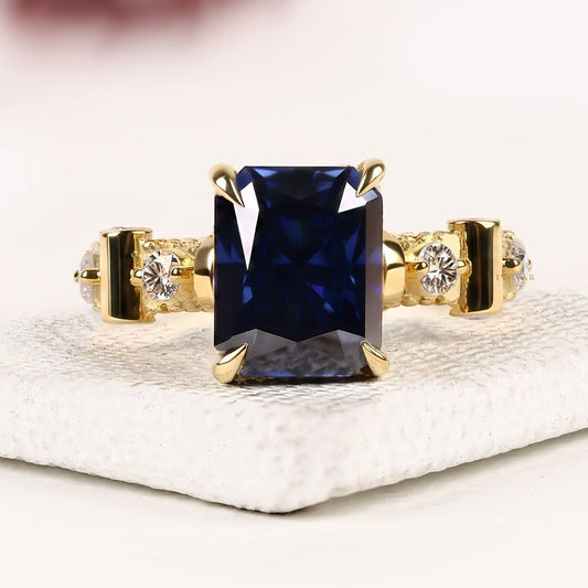 Radiant Cut Blue Sapphire Moissanite Diamond Engagement Ring with Diamond Accent Bar Band