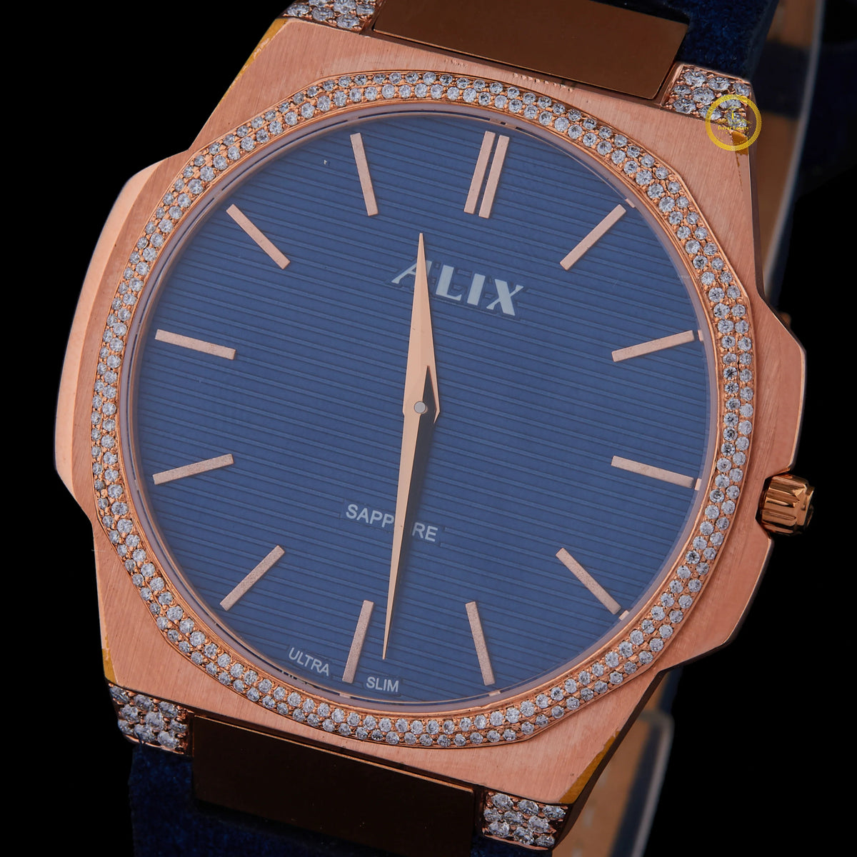 Rose Gold Crystal Bezel Diamond Blue Dial Watch - View 2