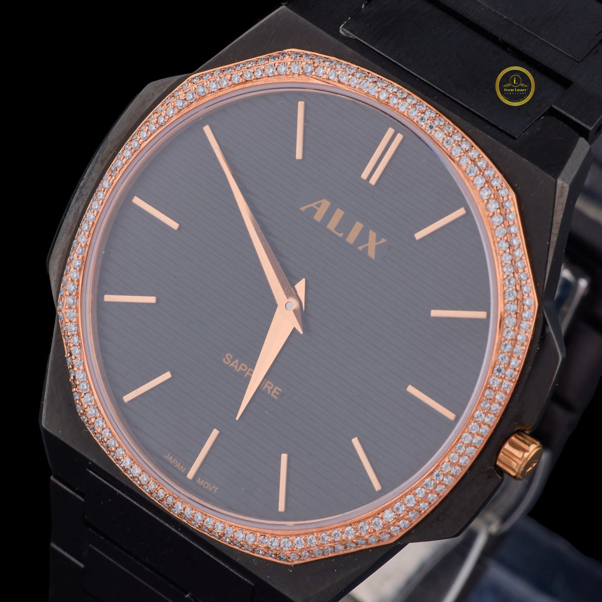Black & Rose Gold Diamond Bezel Men's Watch - View 2