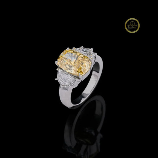 Yellow Cushion Cut Lab Grown Diamond Ring with Side Stone - View 2