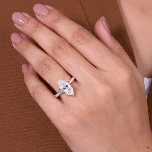 Marquise Cut Lab Diamond Engagement Ring With Pave Band - View 2