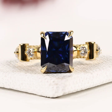 Radiant Cut Blue Sapphire Lab Diamond Engagement Ring with Diamond Accent Bar Band