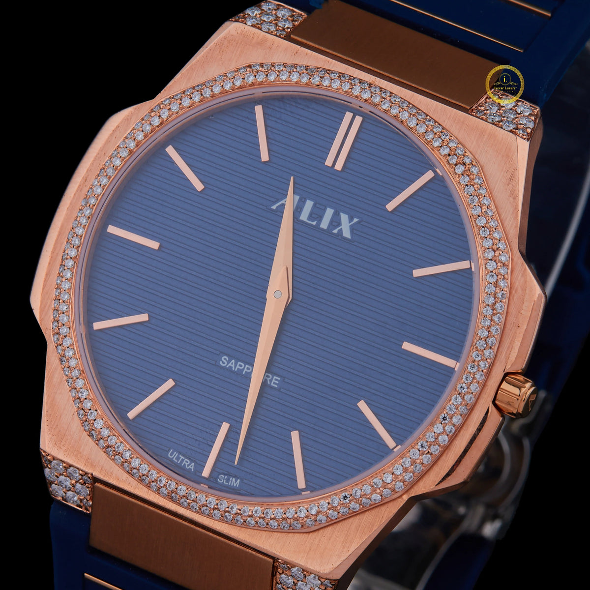 Rose Gold Blue Face Diamond Bezel Blue Strap Luxury Watch - View 2