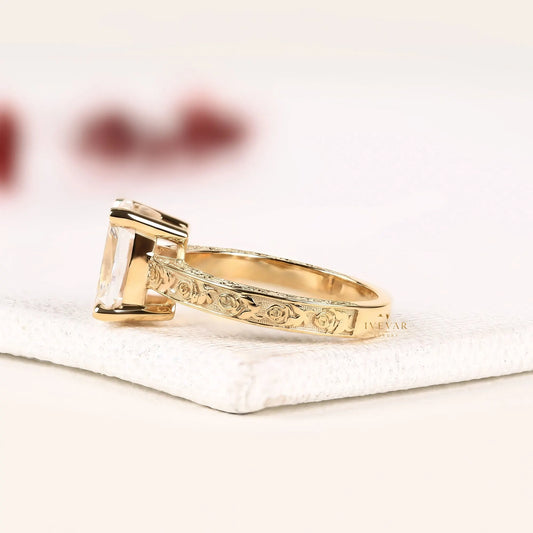Radiant Cut Engraved Solitaire Moissanite Diamond Engagement Ring - View 2