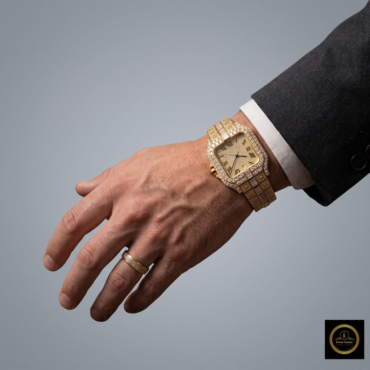 Round Diamond Paved Roman Dial Watch For Men - View 3