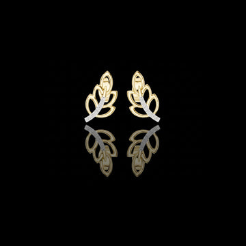 Gold Leaf Stud Earrings with Round Lab Diamond Accented Curve Nature Inspired