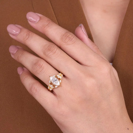 Marquise Cut Moissanite Diamond Ring with Cluster Side Stones - View 2