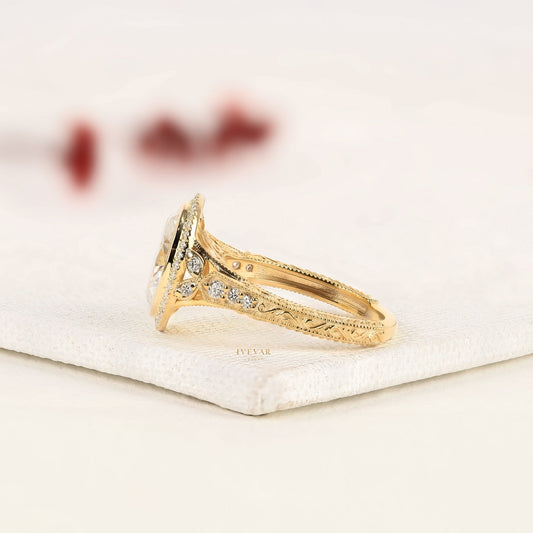 Oval Cut Moissanite Diamond Halo Engagement Ring - View 2