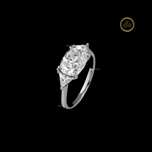 Cushion Cut Three Stone Moissanite Diamond Ring With Trillion Side Stones - View 2