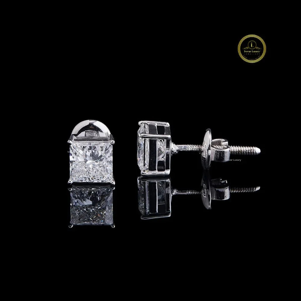 Princess Moissanite Diamond Classic Solitaire Stud Earrings with Four Prong Crown - View 2