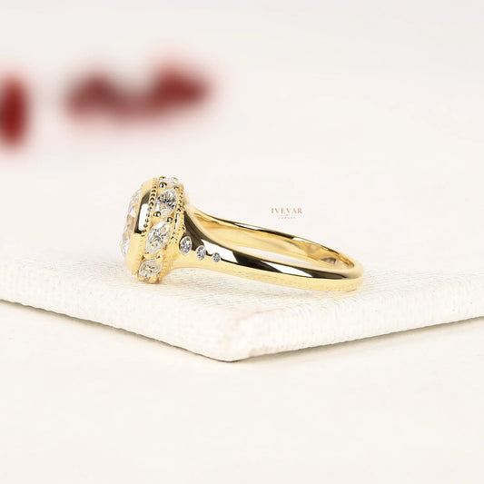 Round Brilliant Moissanite Diamond Halo Ring with Side Stones - View 2
