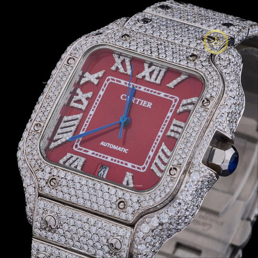 Iced-Out Santos a Rich Red Dial and Fully Diamond-Set Case Timeless Watch.