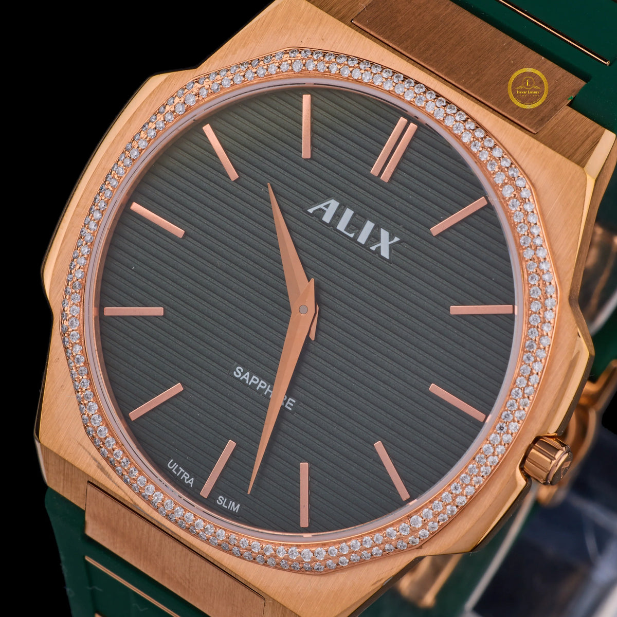 Rose Gold Green Dial Diamond Bezel Men's Rubber Strap Watch - View 2