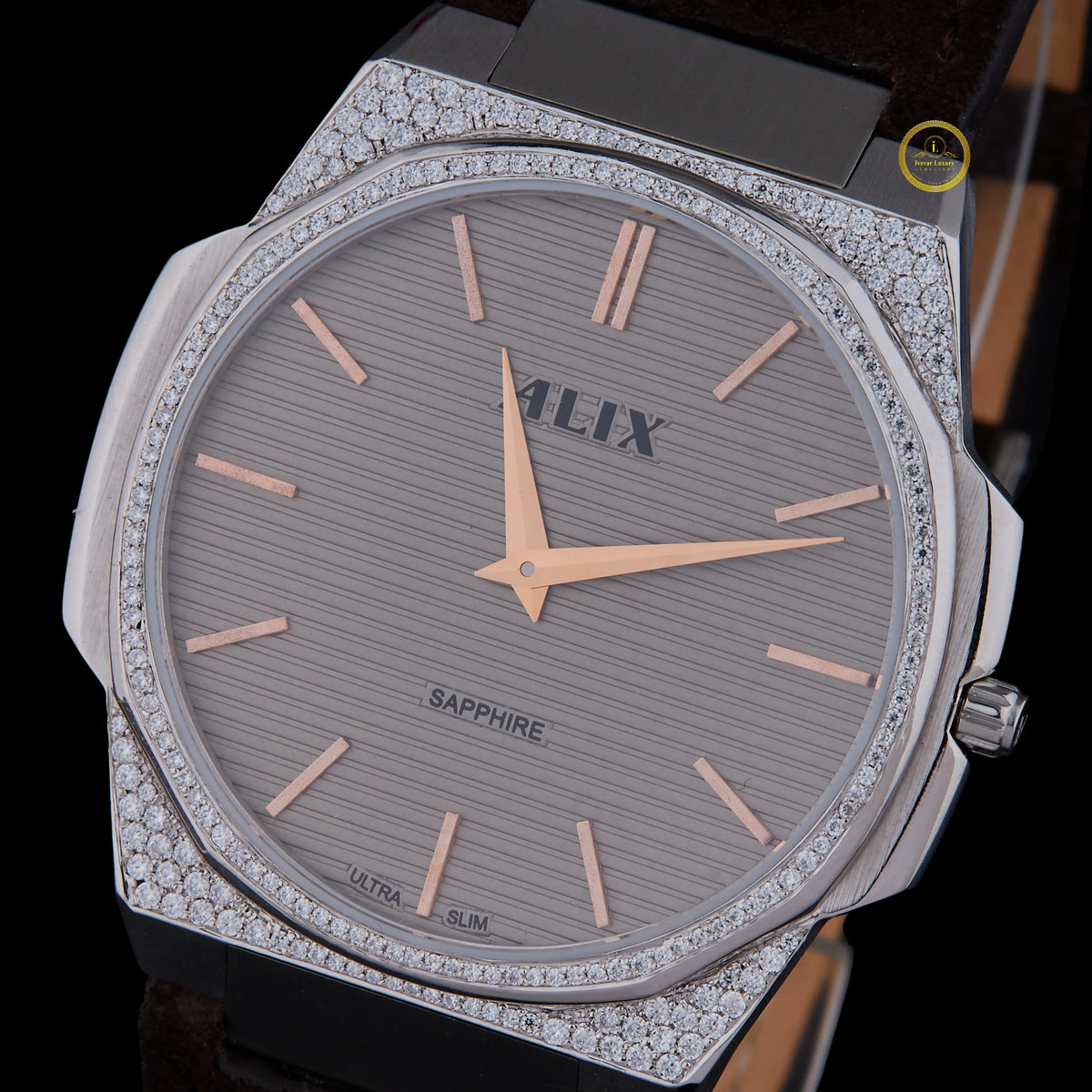 Luxury Silver Crystal Bezel Diamond Brown Strap Watch - View 2