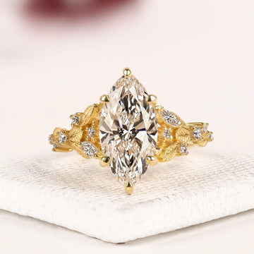 Marquise Cut Lab Diamond Vintage Floral Engagement Ring with Nature Inspired Band