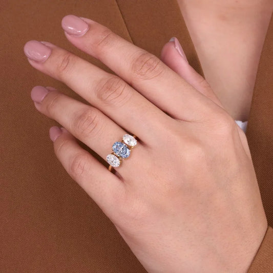 Oval Three Stone Blue And White Moissanite Diamond Ring - View 2