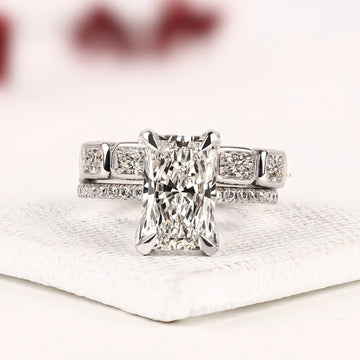 Radiant Cut Lab Diamond Bridal Ring Set with Hidden Halo and Accent Diamonds Elegance