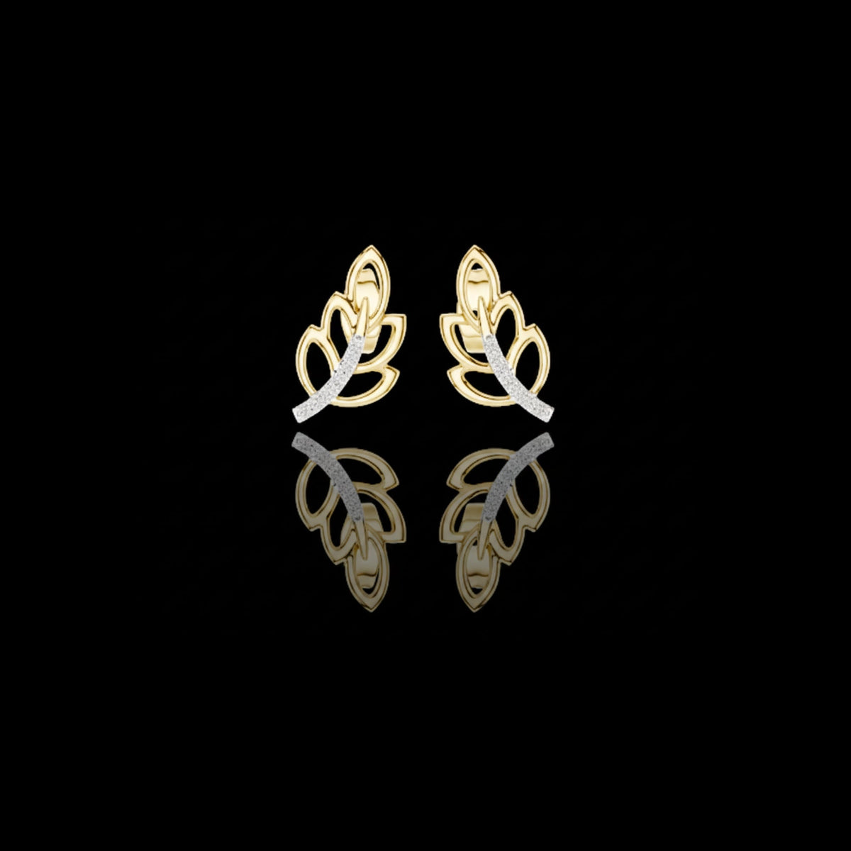 Gold Leaf Stud Earrings with Round Moissanite Diamond Accented Curve Nature Inspired