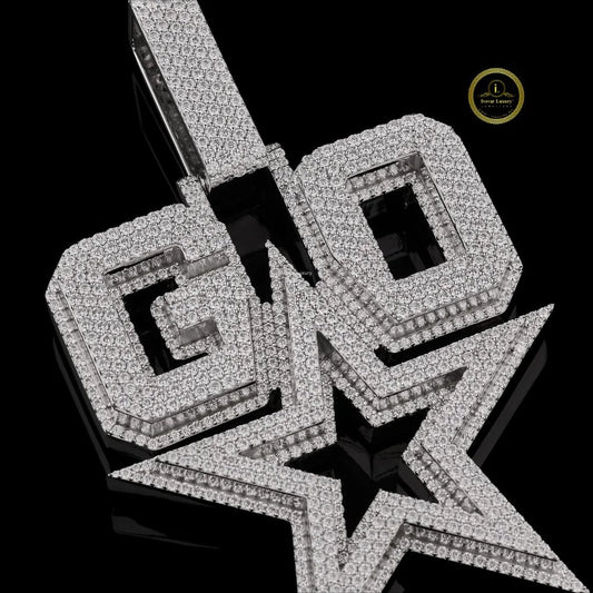 Custom Iced-Out White Gold Finish "GO" Star Pendant Featuring Shimmering Round Cut Lab Diamonds By Ivevar