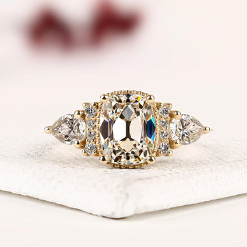 Cushion Cut Three Stone Lab Diamond Engagement Ring with Pear Side Stones