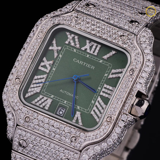 Iced-Out Santos a Rich Green Dial and Fully Diamond-Set Case Timeless Watch.