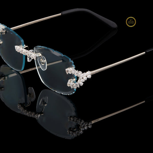 Rimless Rectangular Diamond Sunglasses with Floral Bridge & Open-Loop Diamond Hinges