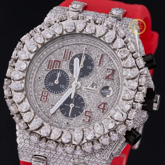 Custom Fully Iced-Out Diamond Chronograph with Luxury Red Strap