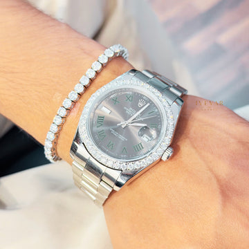 Diamond Bezel Grey Dial Roman Numeral Watch with Tennis Bracelet