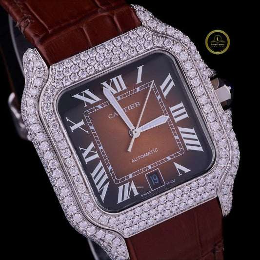 Elegant Diamond-Set Watch with a Rich Brown Dial and Leather Strap.