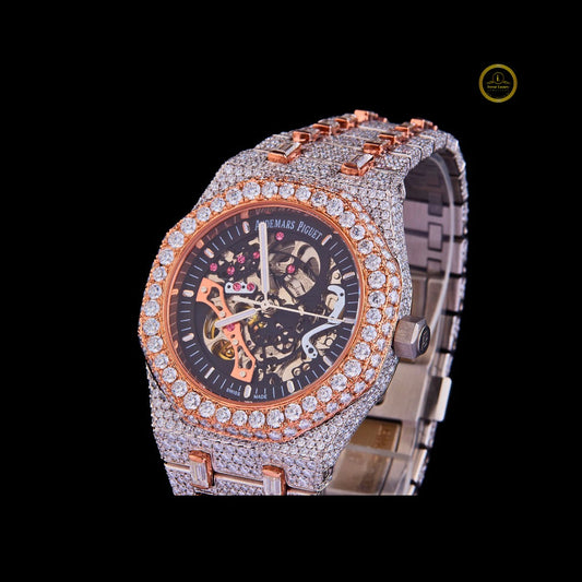 Fully Iced-Out Diamond Skeleton Luxury Watch with Rose Gold Accents – Bold Statement Timepiece for Men