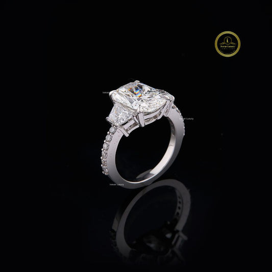Cushion Cut Three Stone Pave Diamond Moissanite Engagement Ring - View 2
