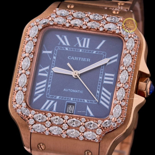 Elegant Rose Gold Watch with a Blue Dial and Marquise Diamond Bezel.