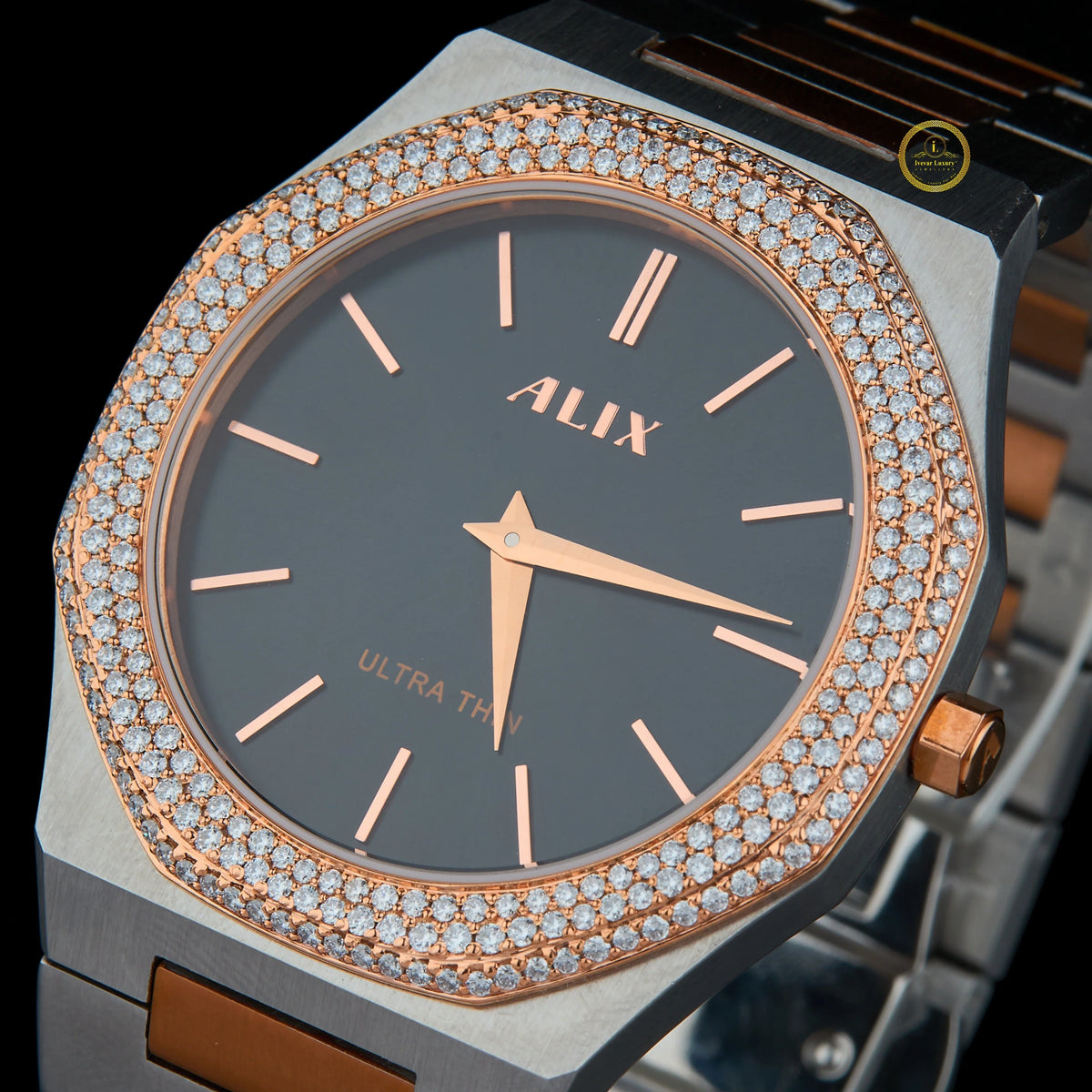 Men's Two-Tone Rose Gold Watch with Black Dial and Diamond Bezel - View 2
