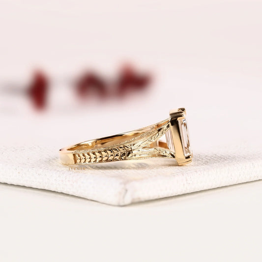 Emerald Cut Vintage Engraved Moissanite Diamond Ring - View 2