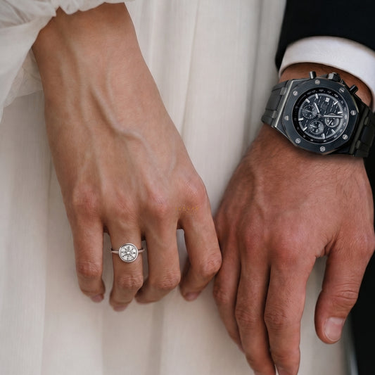Ivevar Timeless Elegance Duo Black Luxury Watch And Round Cut Moissanite Diamond Solitaire Ring