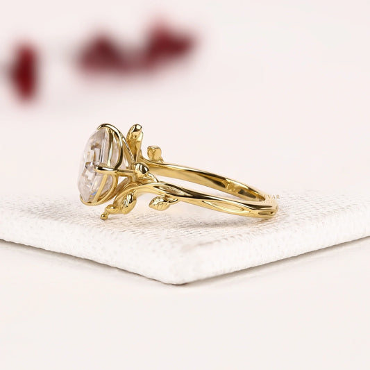 Asscher Cut Lab Diamond Ring with Nature Inspired Leaf Band - View 2