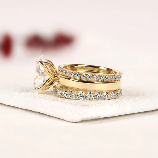 Oval Cut Moissanite Diamond Bridal Ring Set with Pave Bands - View 2