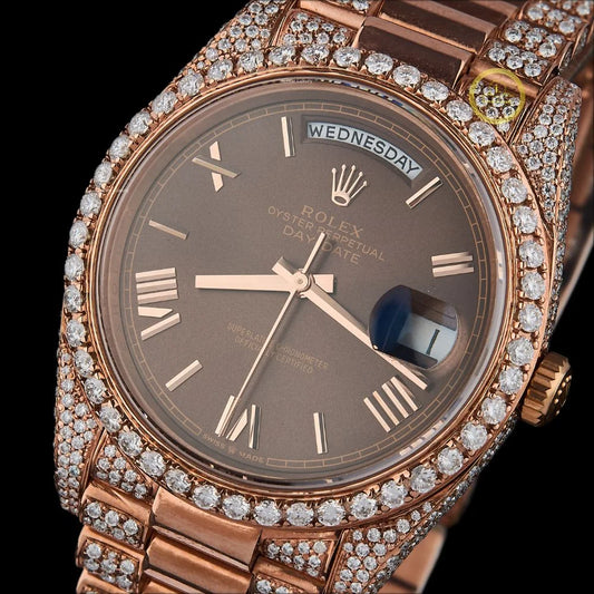 Full Rose Gold Custom Iced-Out Presidential Timepiece with Champagne Roman Dial