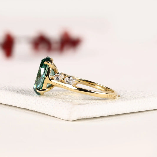 Oval Green Sapphire Five Stone Lab Diamond Engagement Ring - View 2