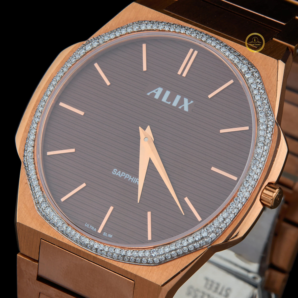 Men's Rose Gold Watch with Brown Dial and Diamond Bezel - View 2