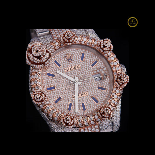 Luxury Rose Gold Iced-Out Diamond Watch with Custom Floral Bezel Design