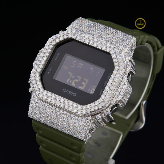 Iced Out Diamond Digital Watch with Olive Green Resin Strap for Men
