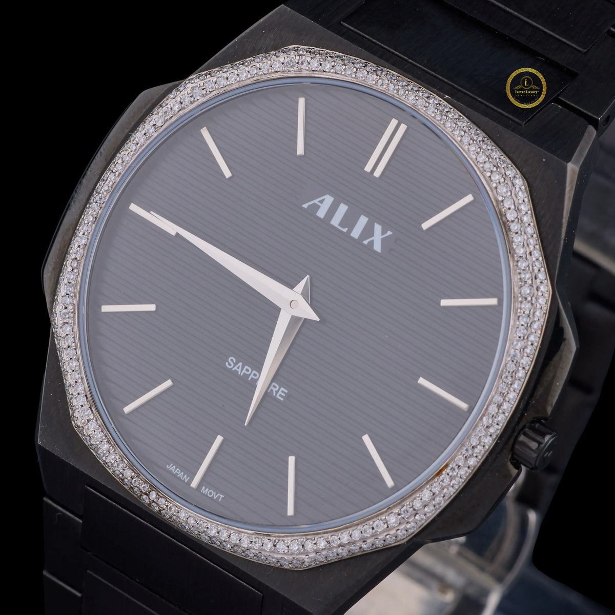 Black Diamond Bezel Minimalist Men's Metal Bracelet Watch - View 2